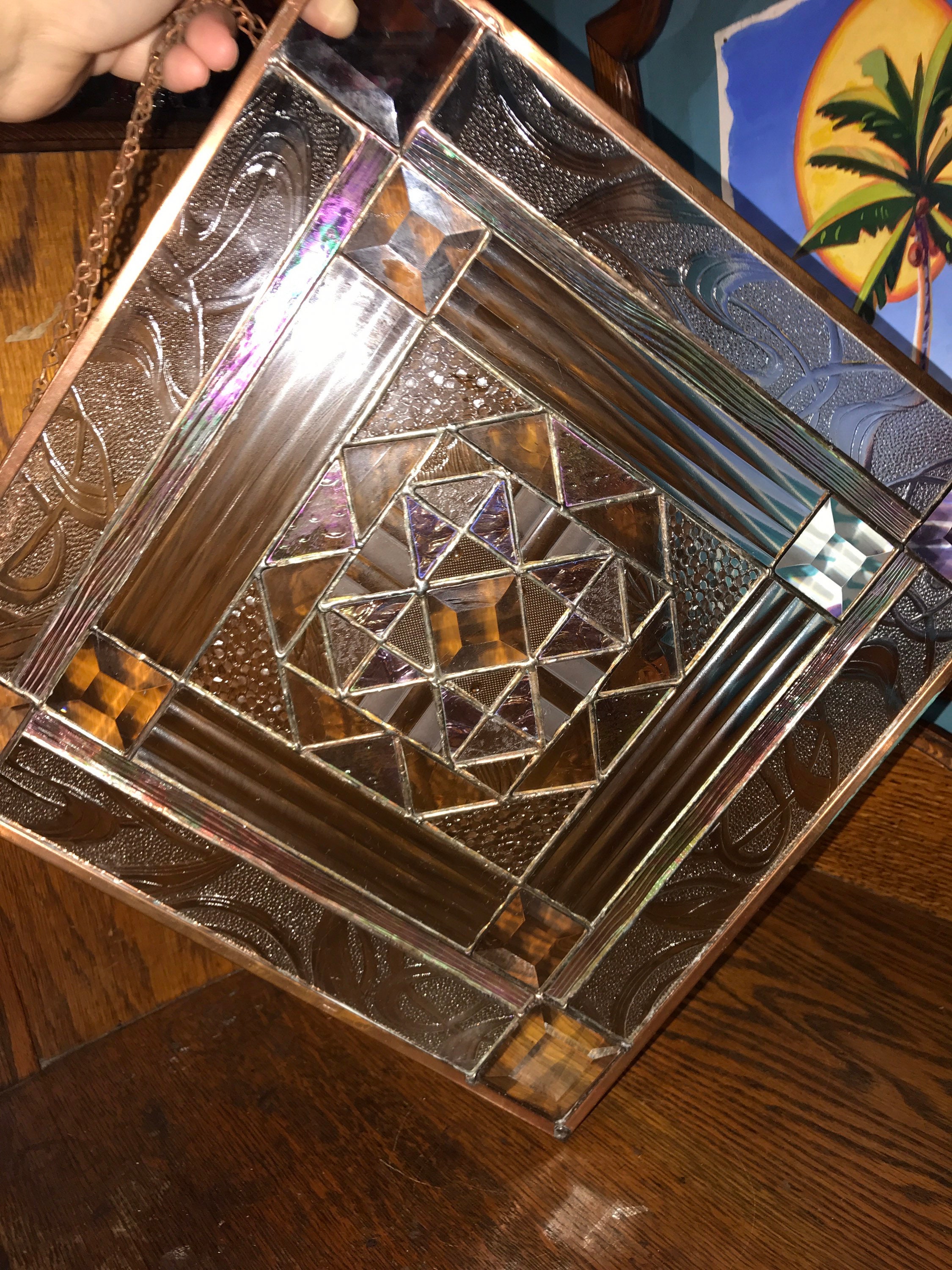Vintage Clear Stained Glass Panel. Beautiful Geometric Clear Textured