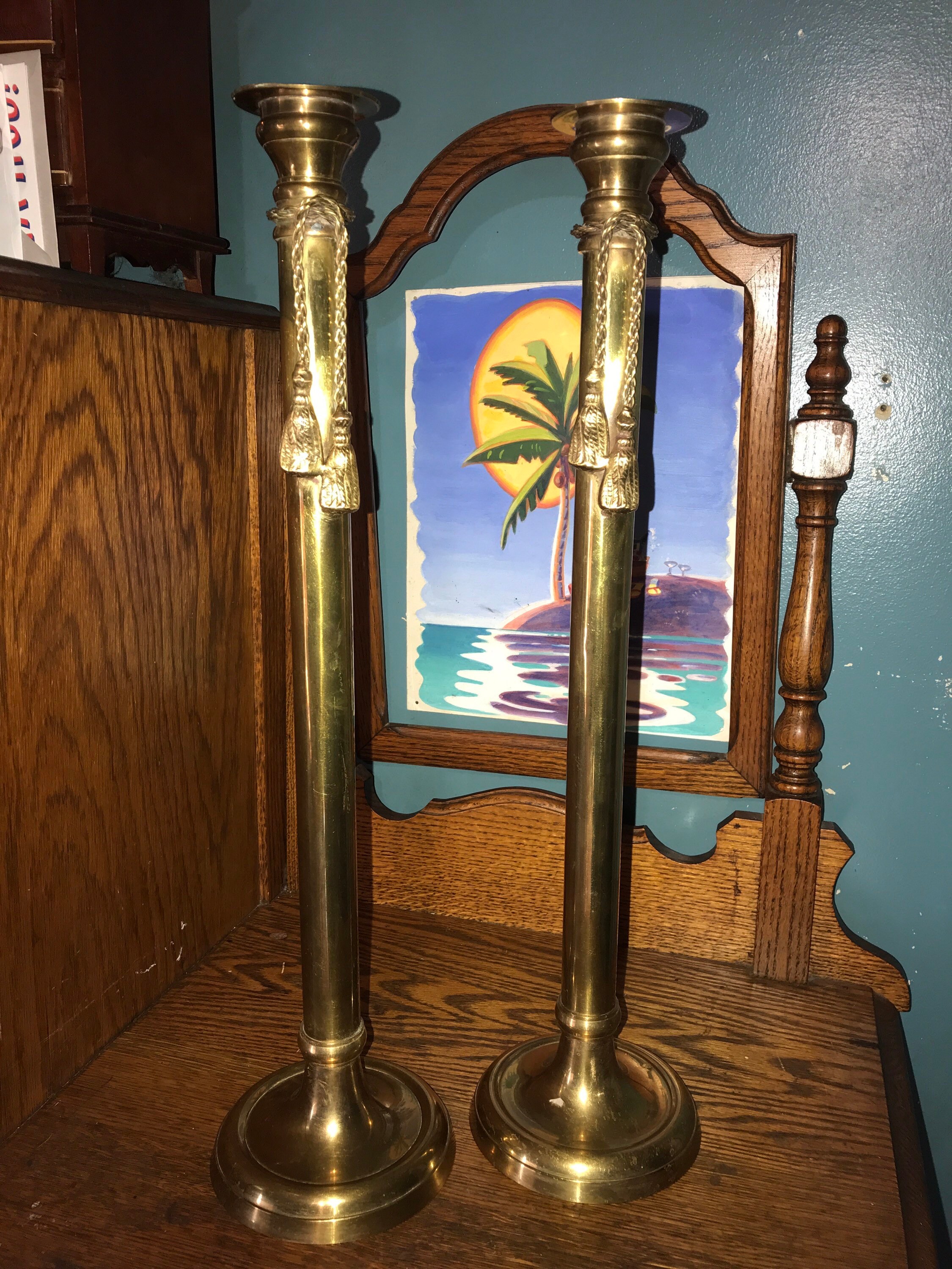 Vintage Tall Brass Candlestick Holders. Two Large Tassel Brass Candle