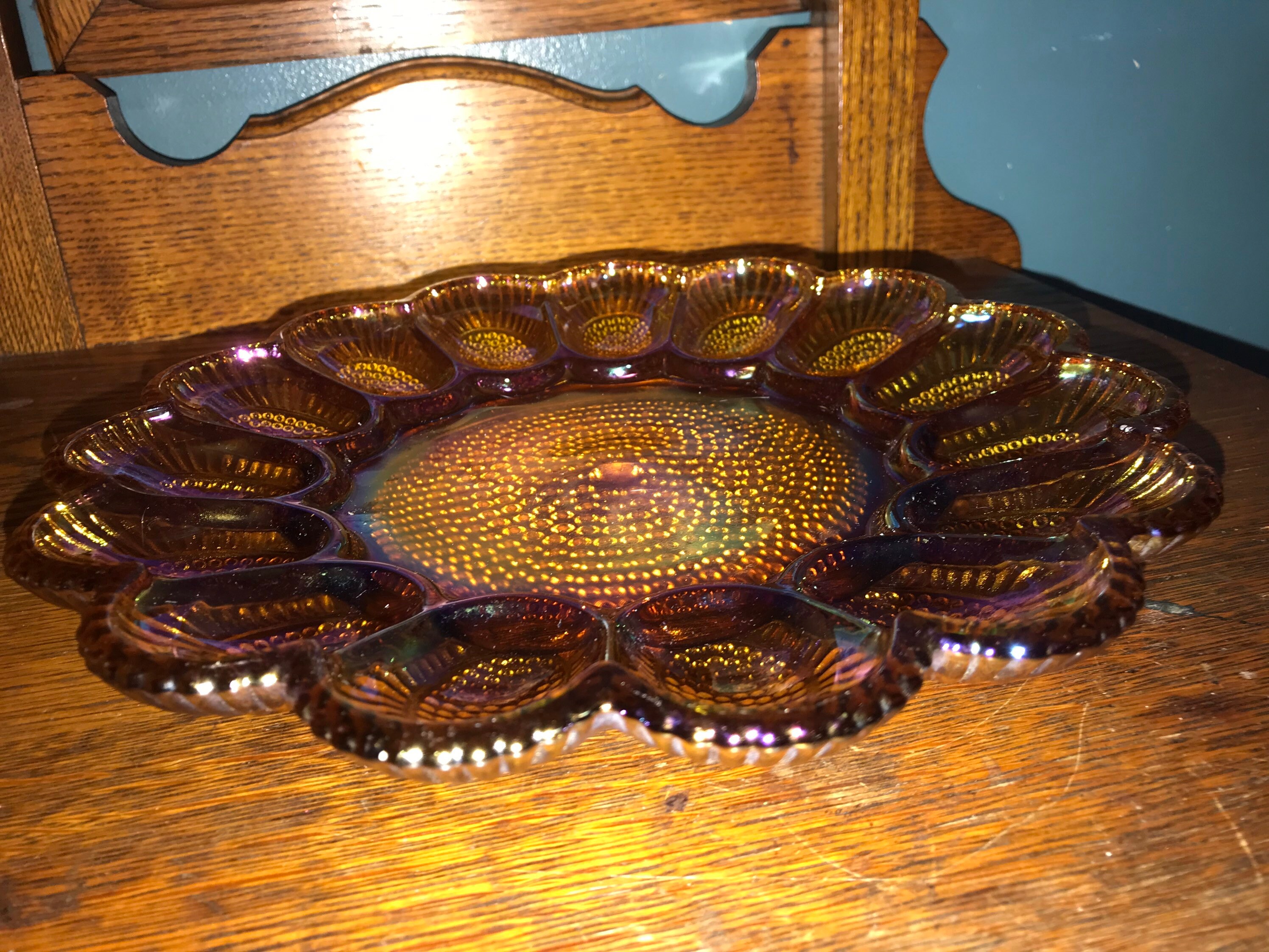 Vintage Carnival Glass Egg Plate. Iridescent Gold Deviled Egg Serving Dish. Carnival Glass Dish
