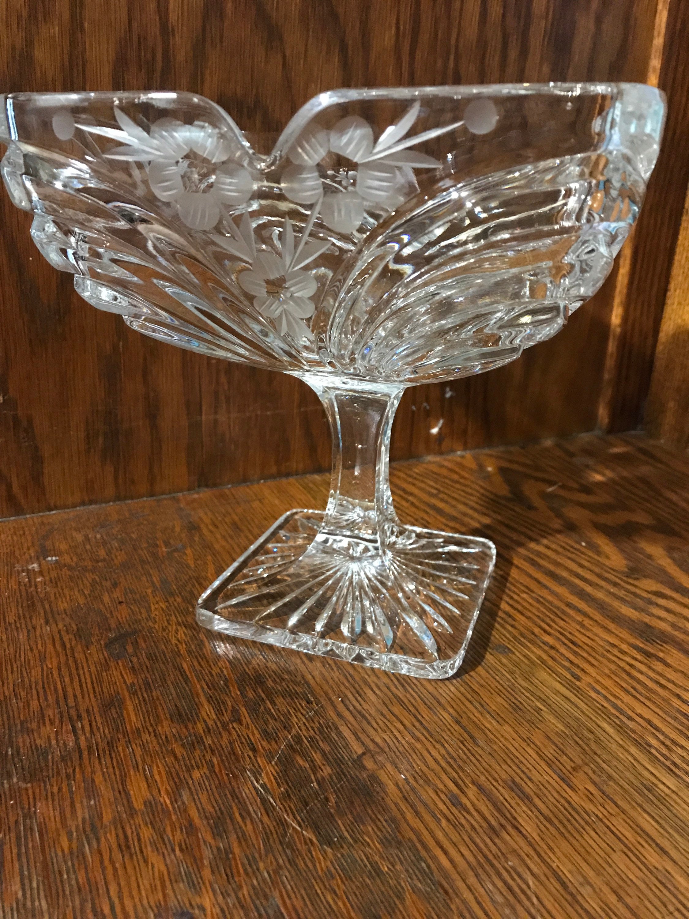 Vintage Crystal Glass Compote Dish. Floral Etched Crystal/Glass Candy