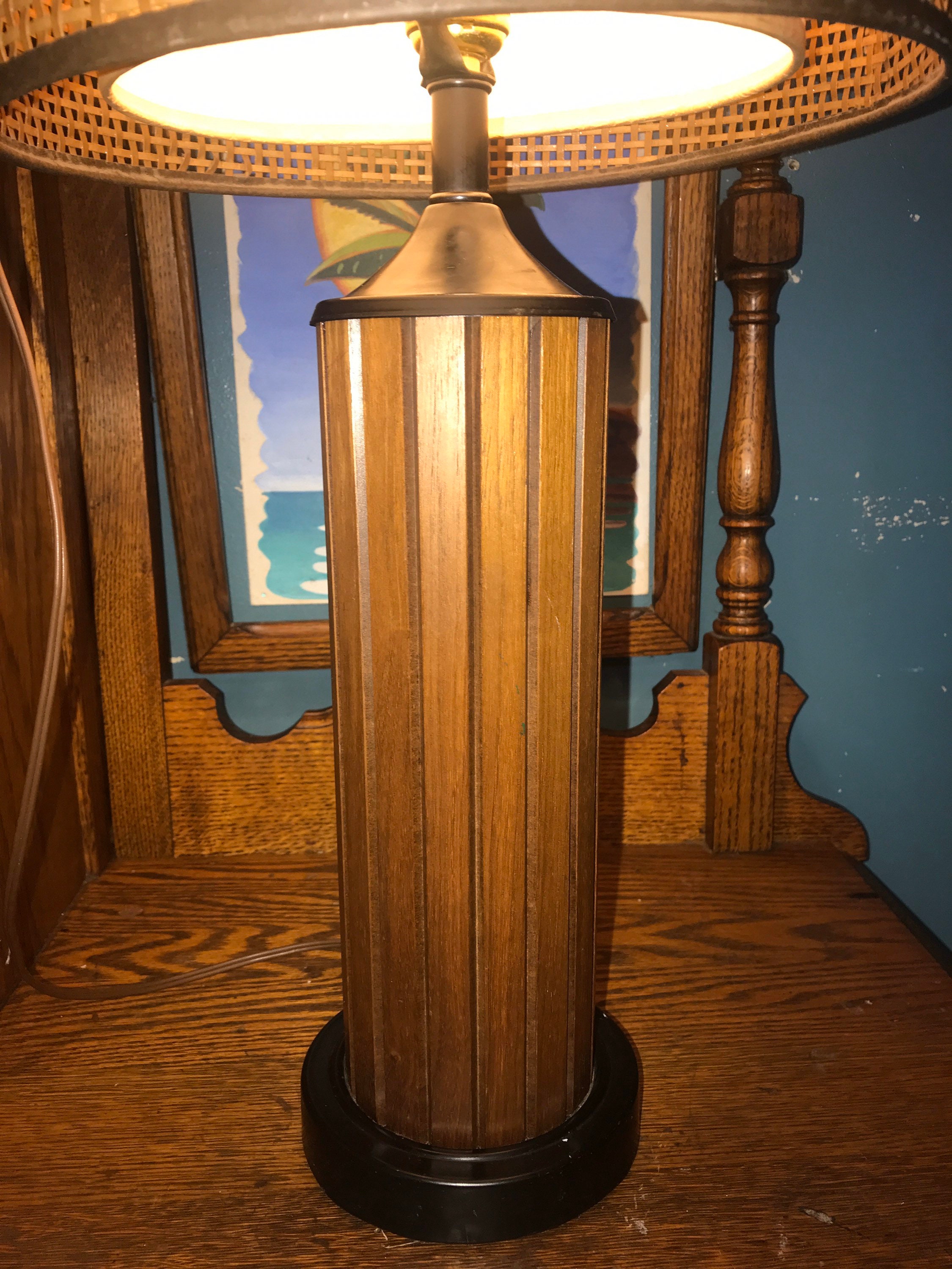 Vintage TeaK Wood Table Lamp. Teak Wood Table Lamp With Rattan and Fiberglass Double Shade. MCM