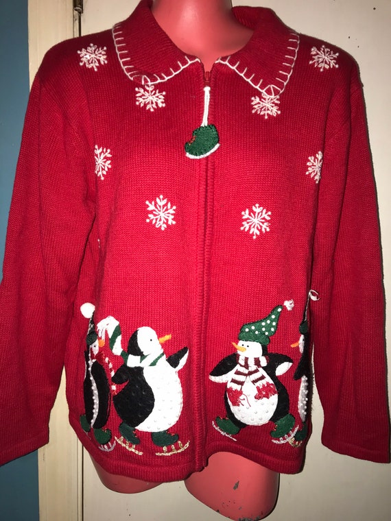 Ugly Christmas Sweater. Vintage Christmas Sweater. Ugly Pretty Christmas Sweater. Zipper Penguin Christmas Sweater. Size Large