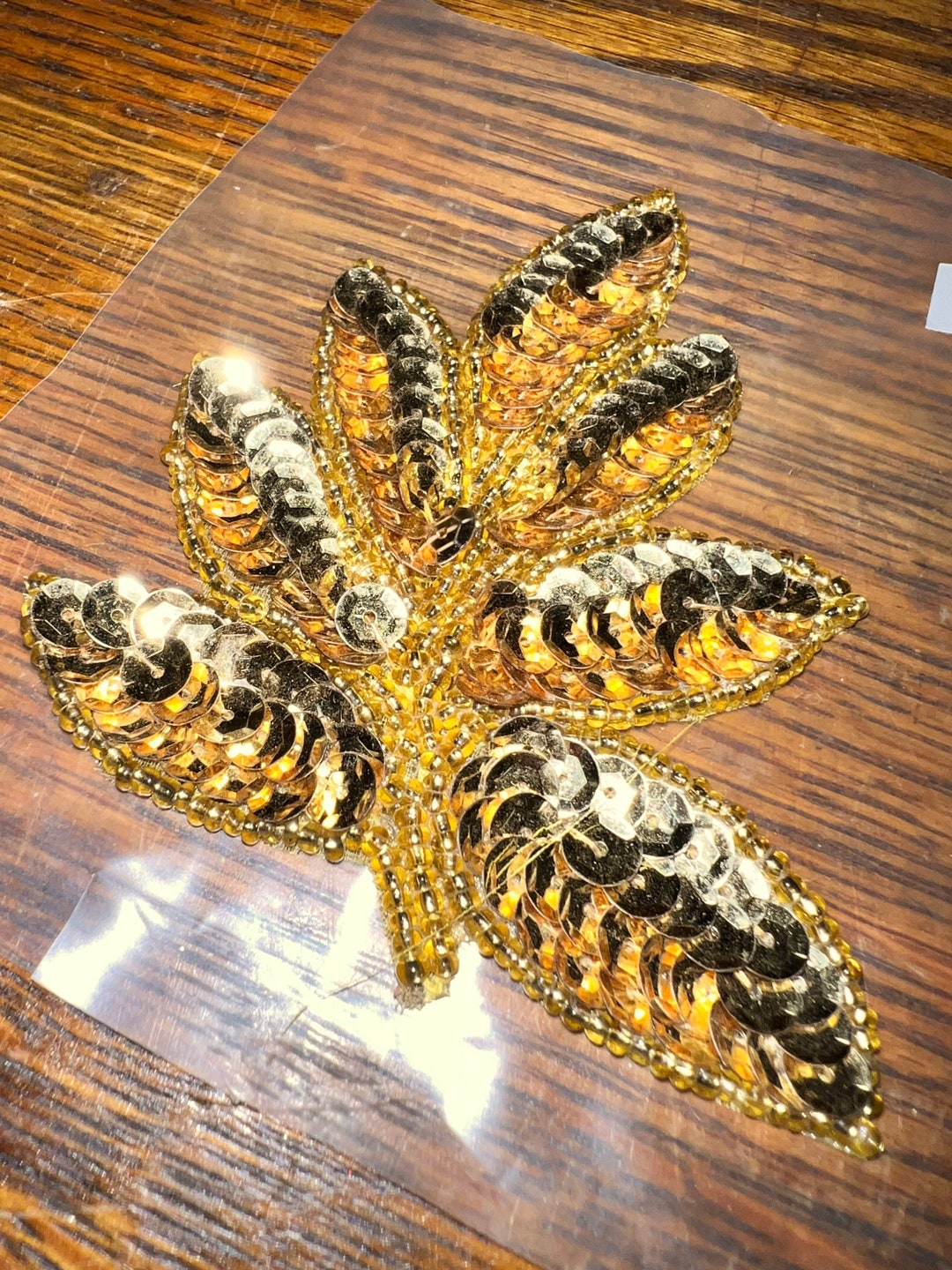 Vintage Sequin Applique. Sequin Gold Leaf Applique. Gold Leaf Appliqué