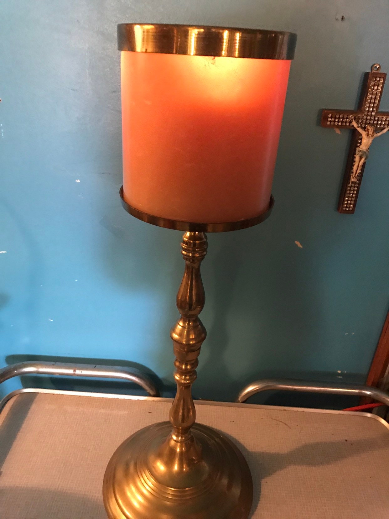 Vintage Huge Brass Candle Holder. Large Brass Round Candle Holder