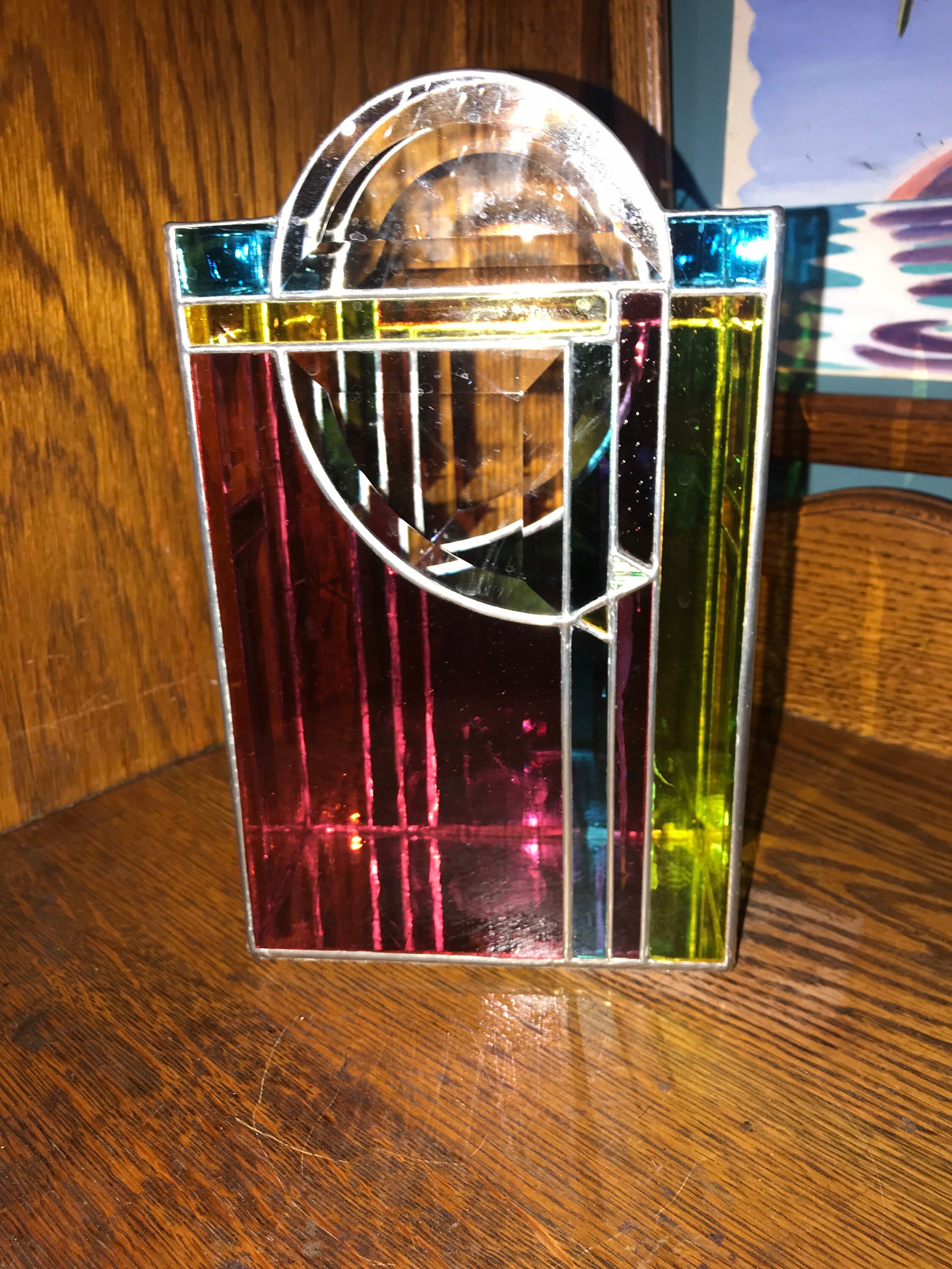 Vintage Stained Glass Candle Holder. Large Stained Glass Votive Candle