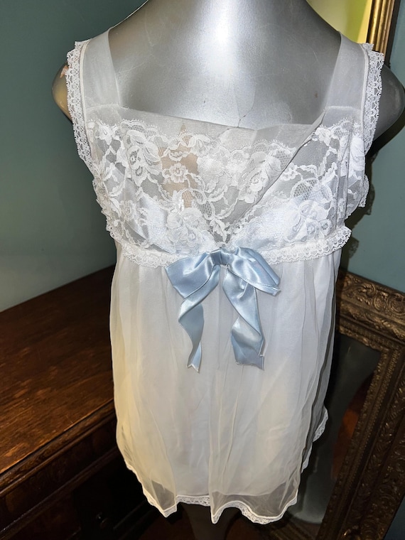 Vintage 1960’s Sheer White and Blue Lace Teddy, Size Medium