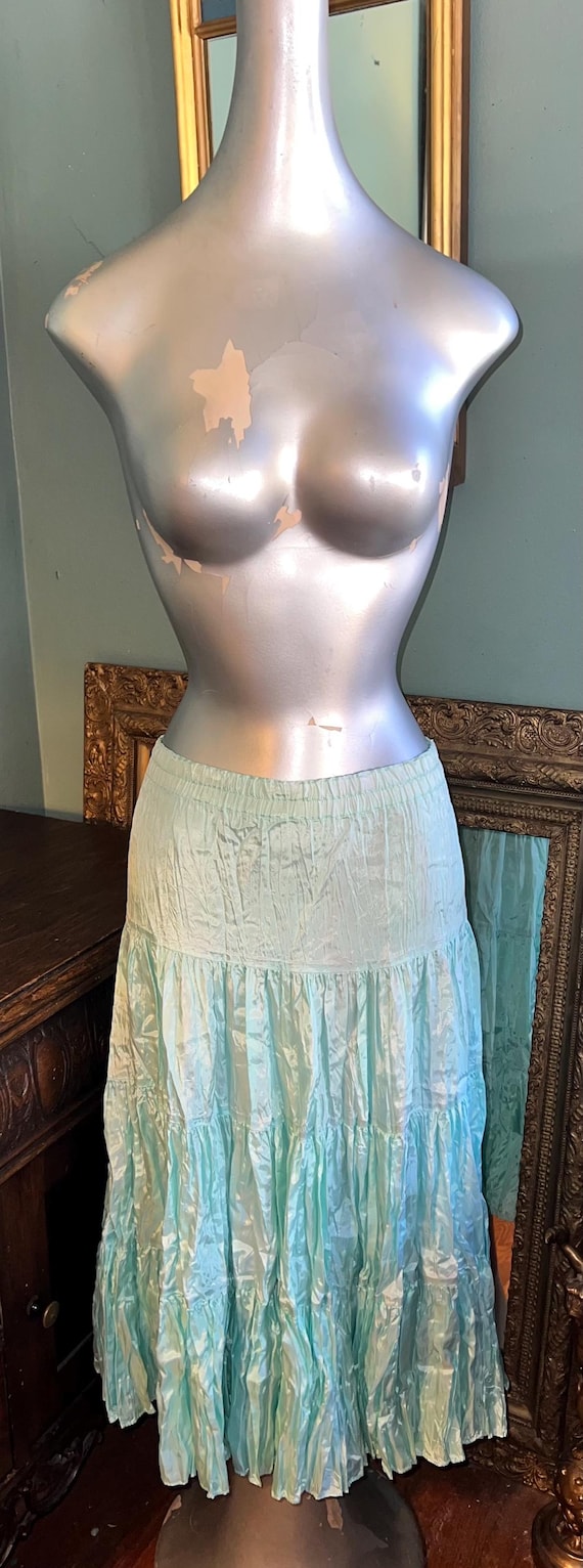 Vintage 1980’s Blue Crushed Rayon Long Flowy Skirt, Size Medium