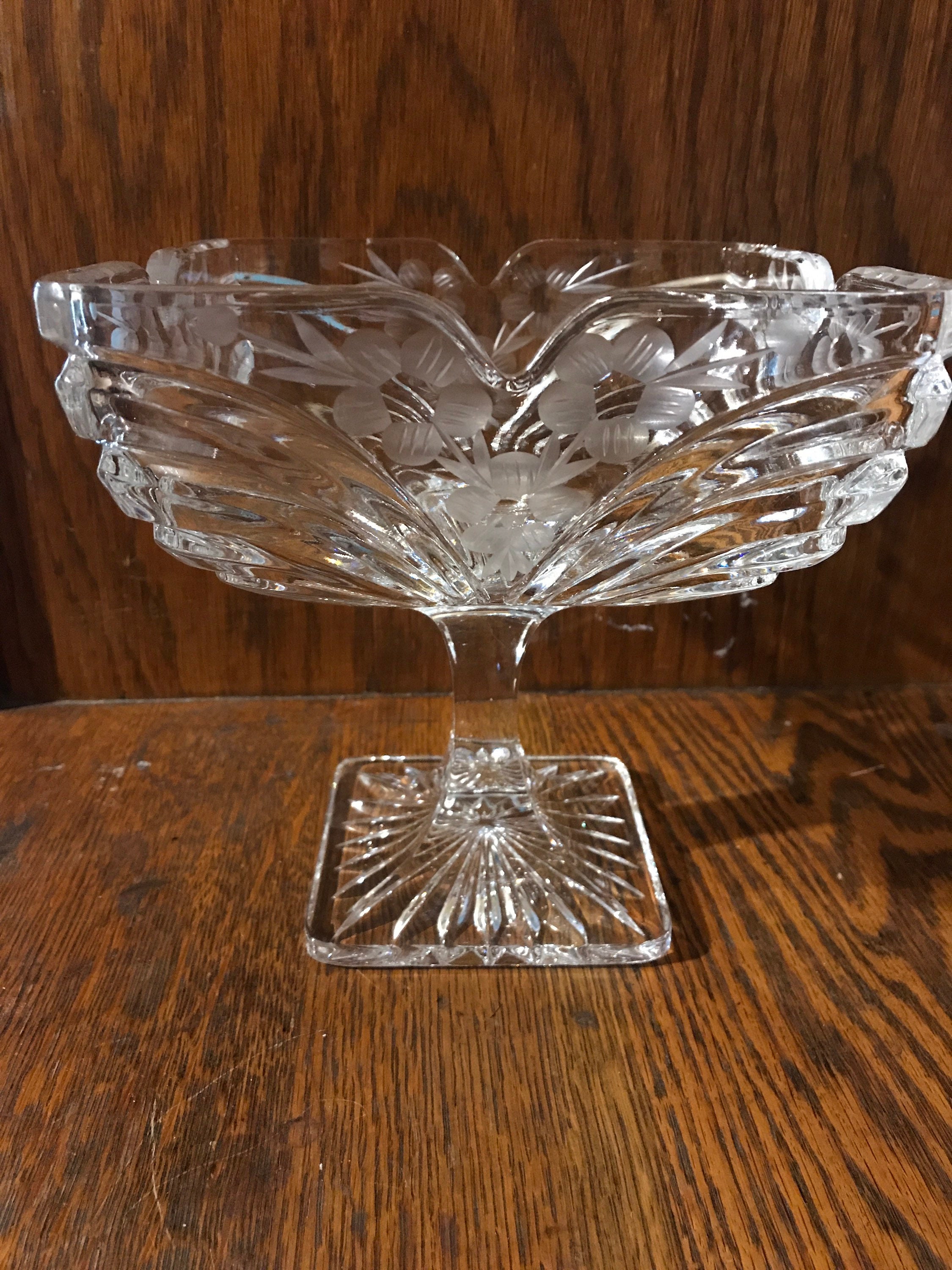 Vintage Crystal Glass Compote Dish. Floral Etched Crystal/Glass Candy