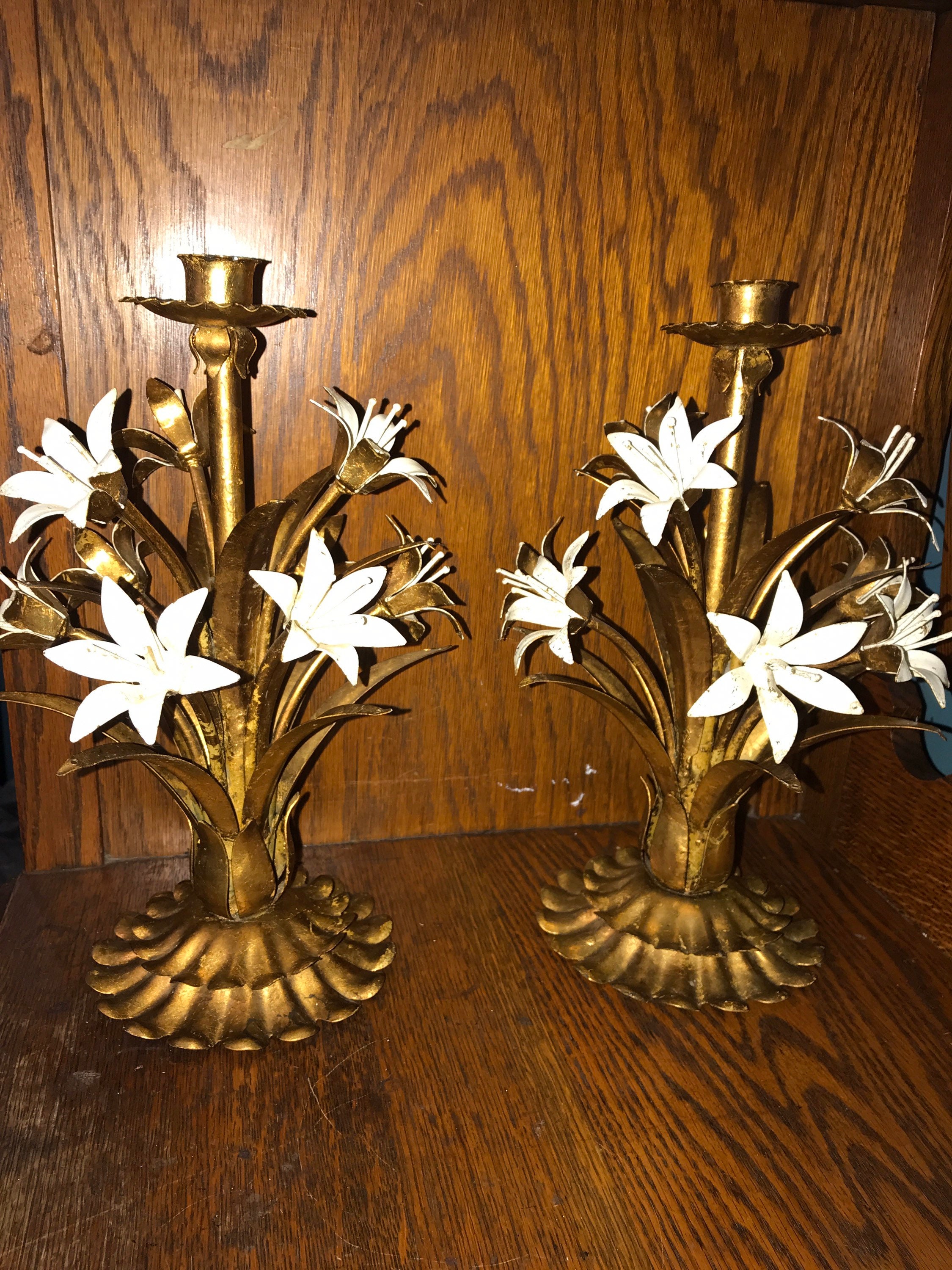 Vintage Metal Flower Candlestick Holders, Tole Floral Candlestick
