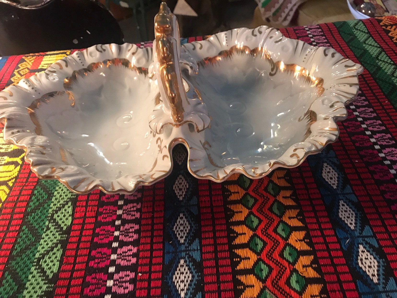 Vintage Porcelain Gold Encrusted Dish. White and Gold Porcelain Divided