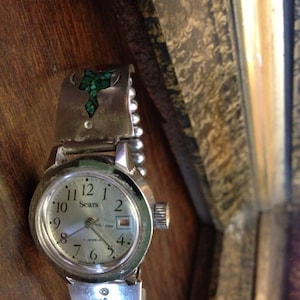 Vintage 1970&#39;s Sterling Mosaic Inlaid Watch, Turquoise, Onyx and Coral
