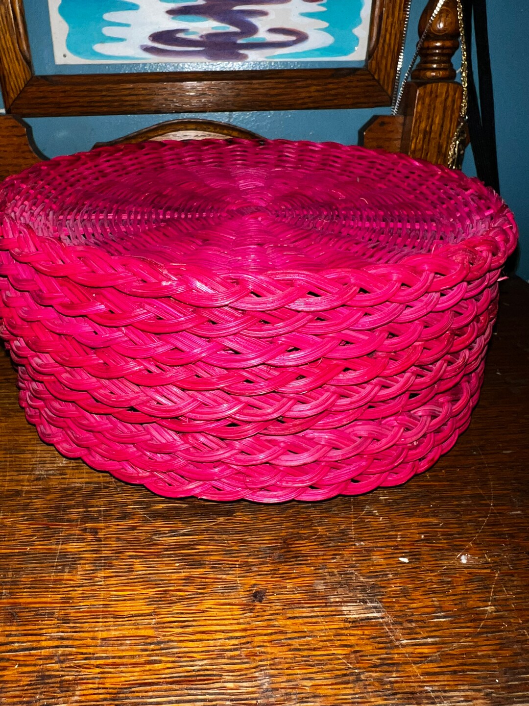 Vintage Wicker Paper Plate Holders. Set of Nine Pink Rattan Paper Plate