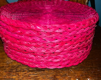 Vintage Pink Wicker Paper Plate Holders. Set of Nine