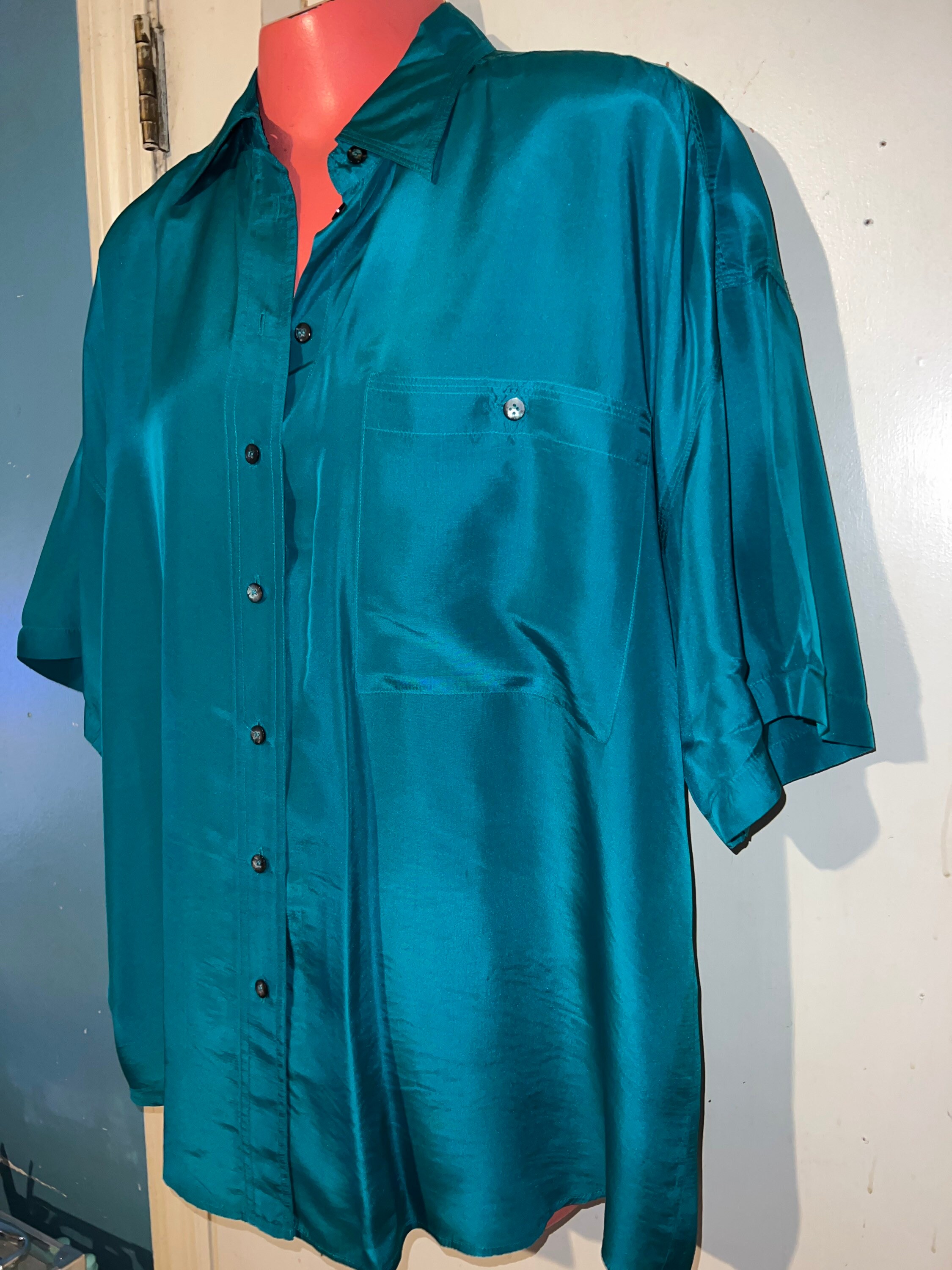 Vintage Silk Shirt. Emerald Green Silk Shirt. Express 90's Silk Blouse