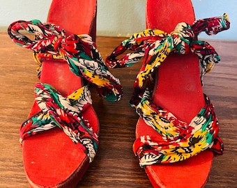 Vintage 1940’s Bombshell Beach Platform Sandals, Red Scarf Wrap Sandals
