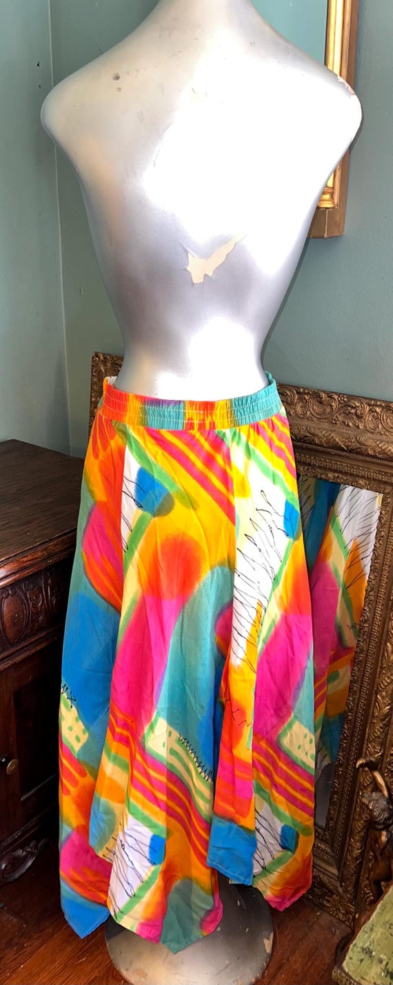 Vintage 90’s Colorful Abstract Sea Suns Flowy Skirt, Size XS