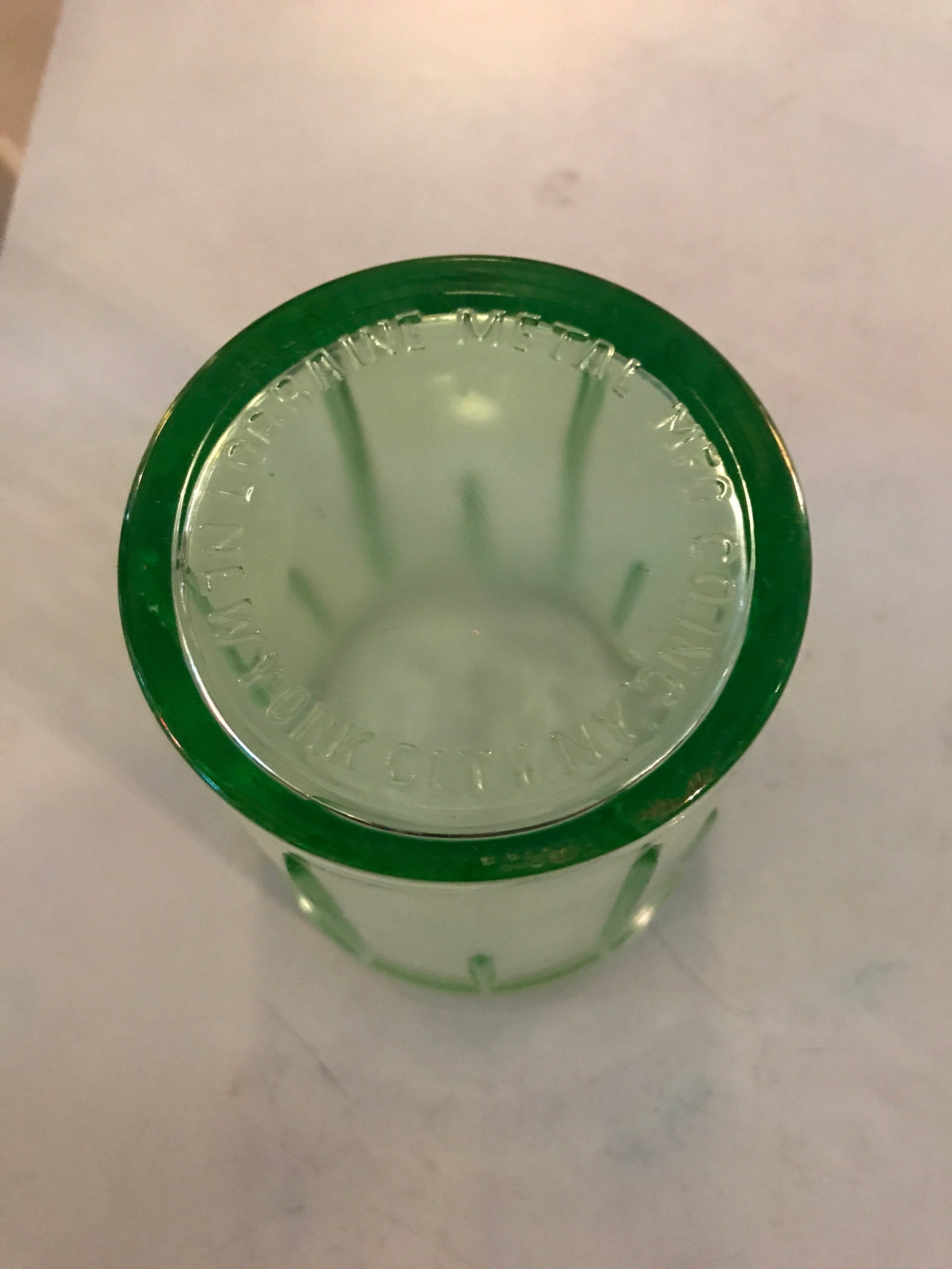 Vintage Green Depression Glass Beater Jar. Lorraine Metal Mfg. Co
