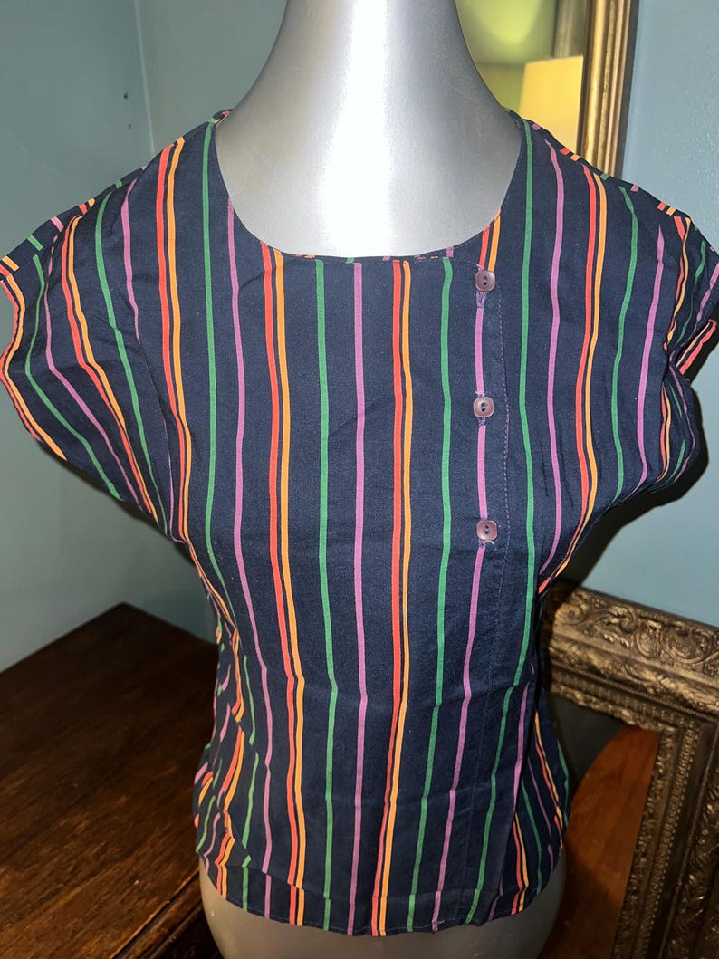 Vintage Women’s 1970’s Blue Sleeveless Striped Shirt. Coloful, EZ Street, CA Size M image 2