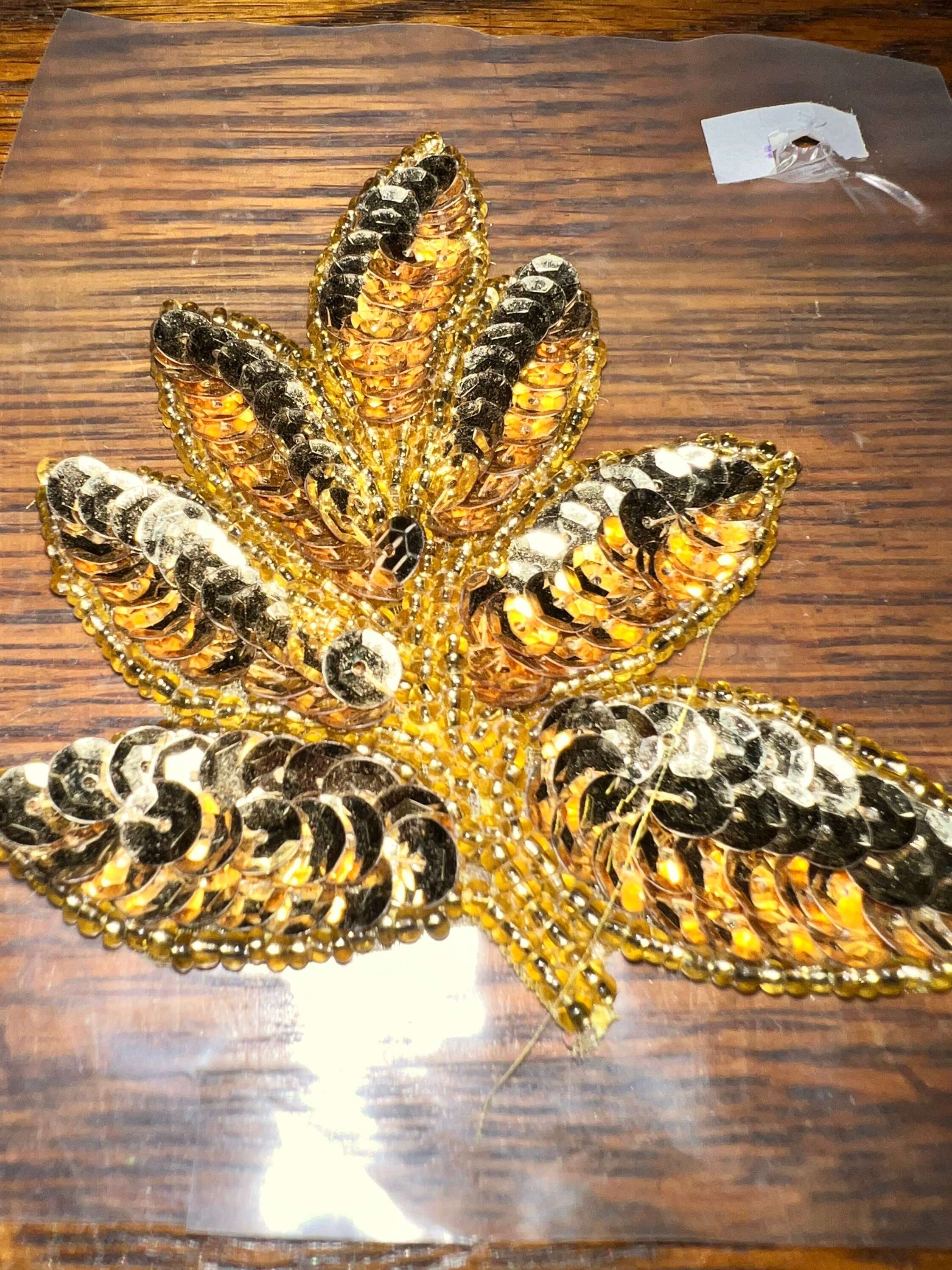 Vintage Sequin Applique. Sequin Gold Leaf Applique. Gold Leaf Appliqué