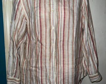 Vintage Ralph Lauren Linen Button Down Shirt. Women’s Cream With Colorful Stripes Long Ralph Lauren Shirt. Size Medium