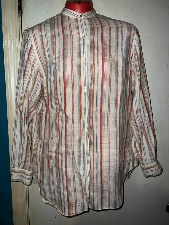 Vintage Ralph Lauren Linen Button Down Shirt. Women’s Cream With Colorful Stripes Long Ralph Lauren Shirt. Size Medium