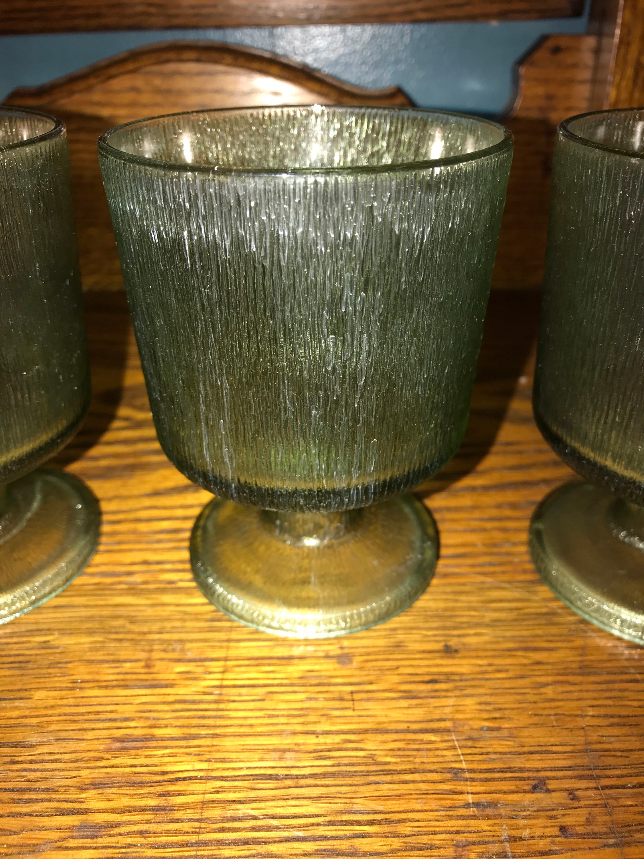 Vintage Green Small Glass Goblets. Set of Four Short Avocado Green