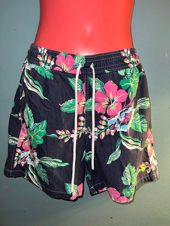 Vintage Ralph Lauren Blue Tropical Swim Trunks.  R