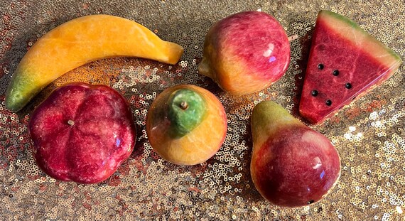 Vintage Alabaster Carved Mixed Fruit. Stone Fruit Decor