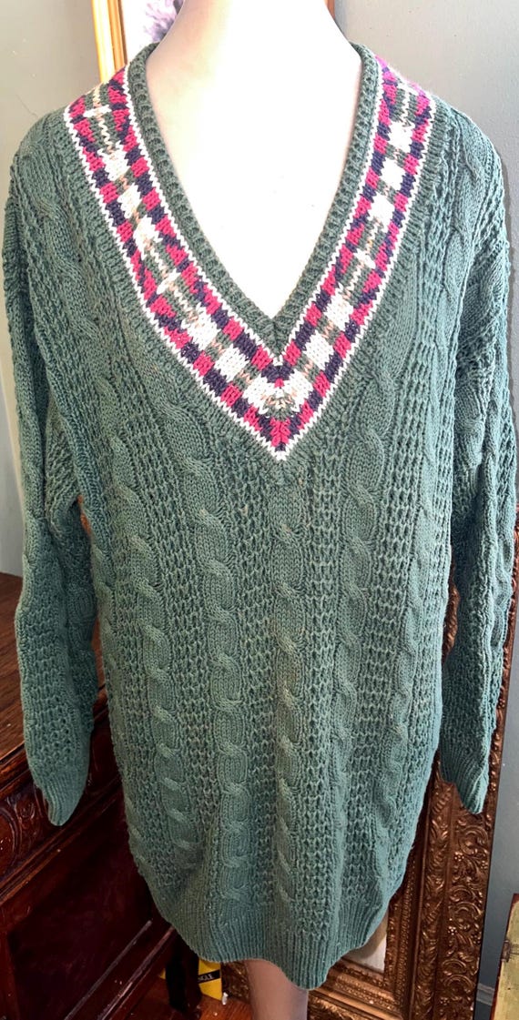 Vintage 1990s Oversized Green V-Neck Sweater, Size Medium