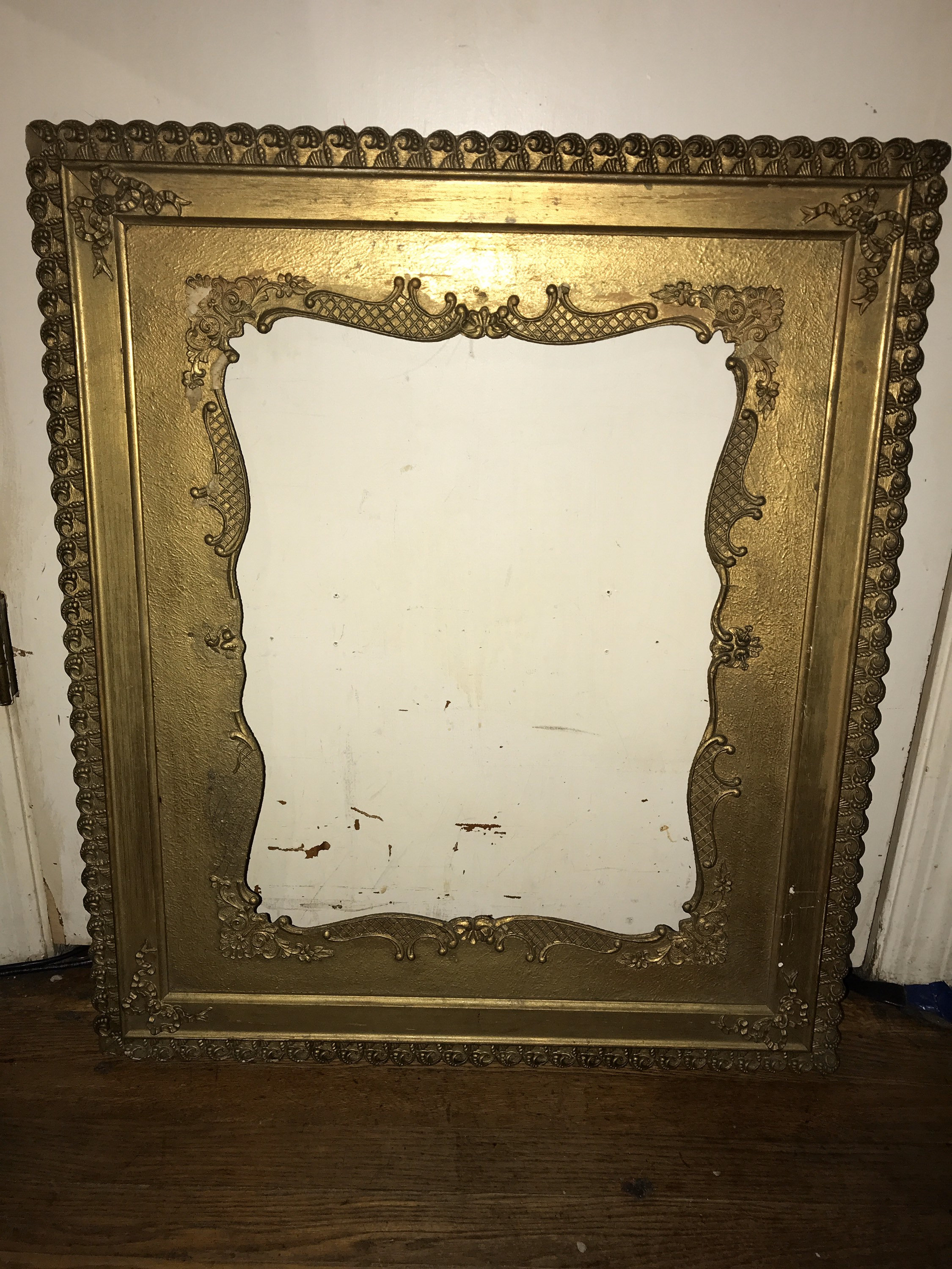Vintage Gold Wood Shabby Frame. Large Old Gilded Frame. Ornate Gold