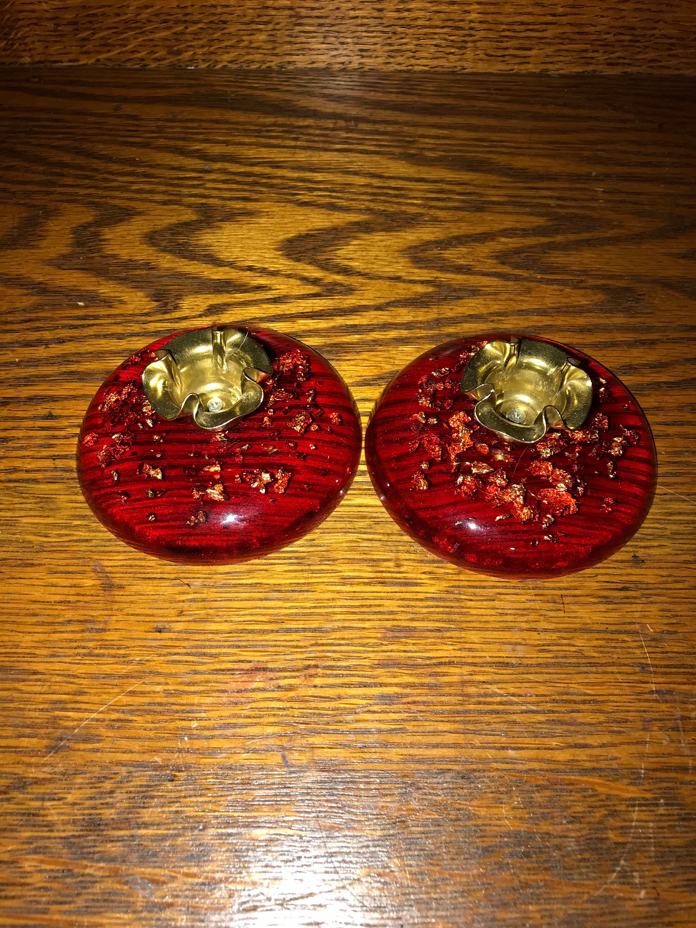 Vintage Red and Gol Lucite Candlestick Holders. Red Lucite With Gold