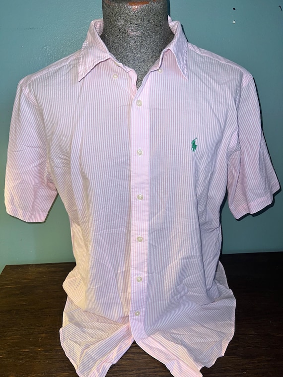 Vintage 1990’s Men’s Ralph Lauren Pink and White Striped Button Down Shirt, Size Large