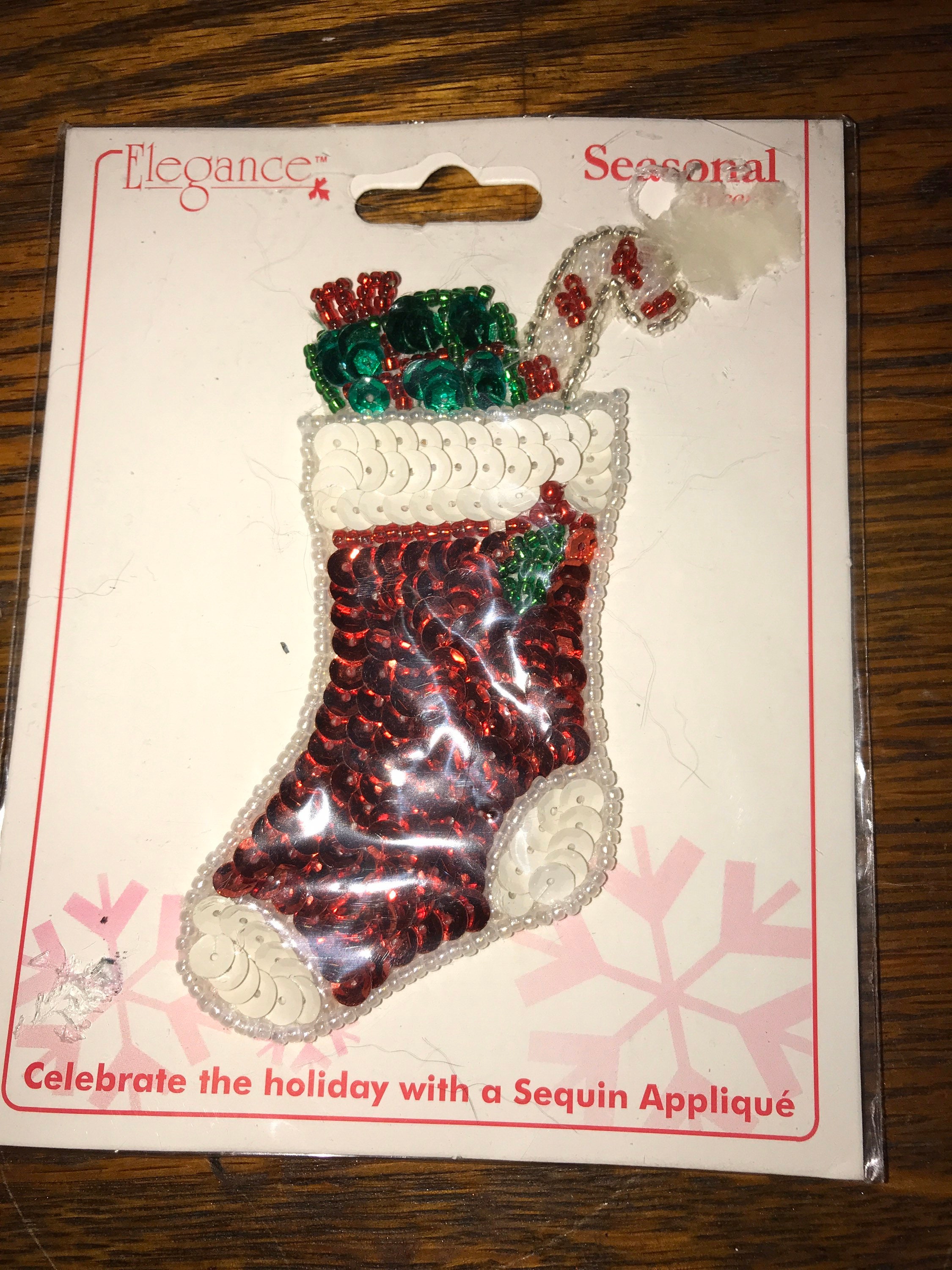 Vintage Sequin Applique. NOS Sequin Stocking Applique. Stocking