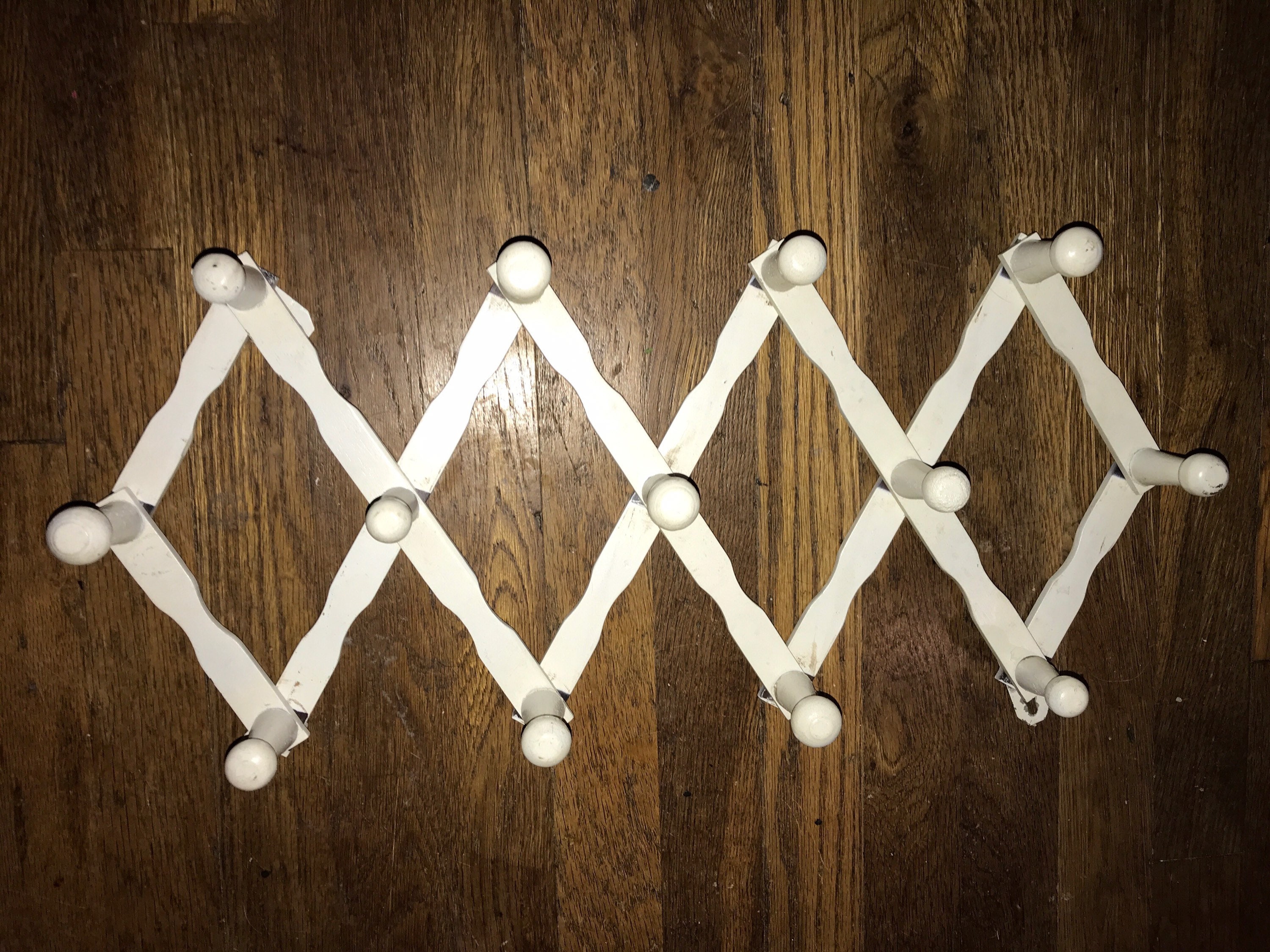 Vintage White Wooden Accordion Rack. Wood Expandable Wall Rack. Wood