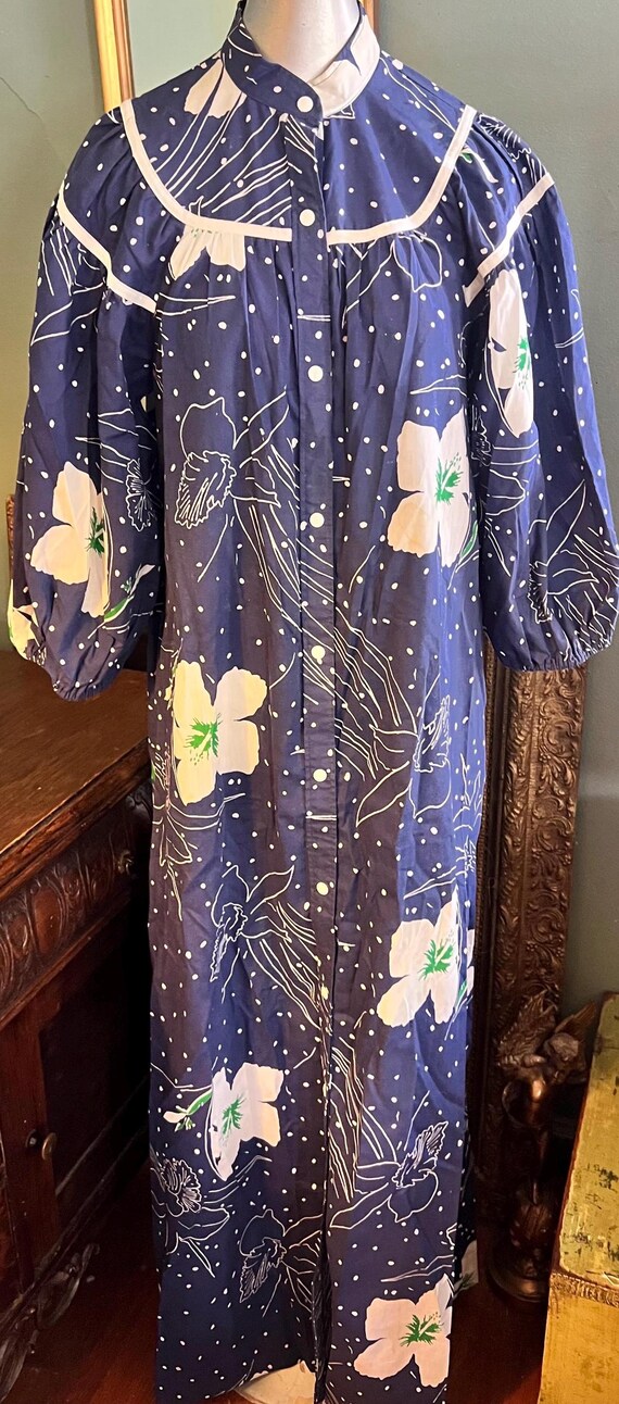 Vintage Navy Floral Puffy Sleeve Models Coat House Dress, Size 10
