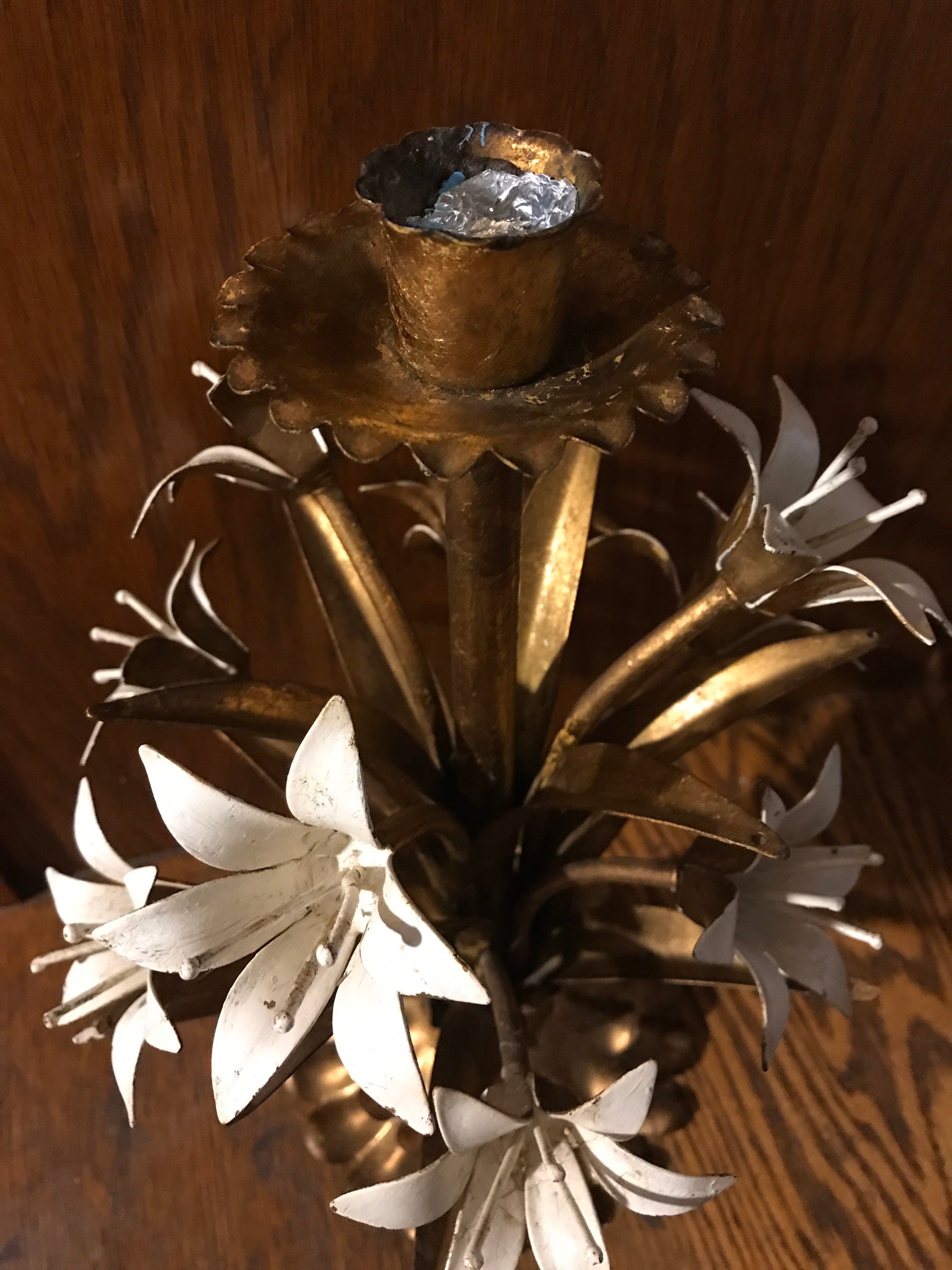 Vintage Metal Flower Candlestick Holders, Tole Floral Candlestick