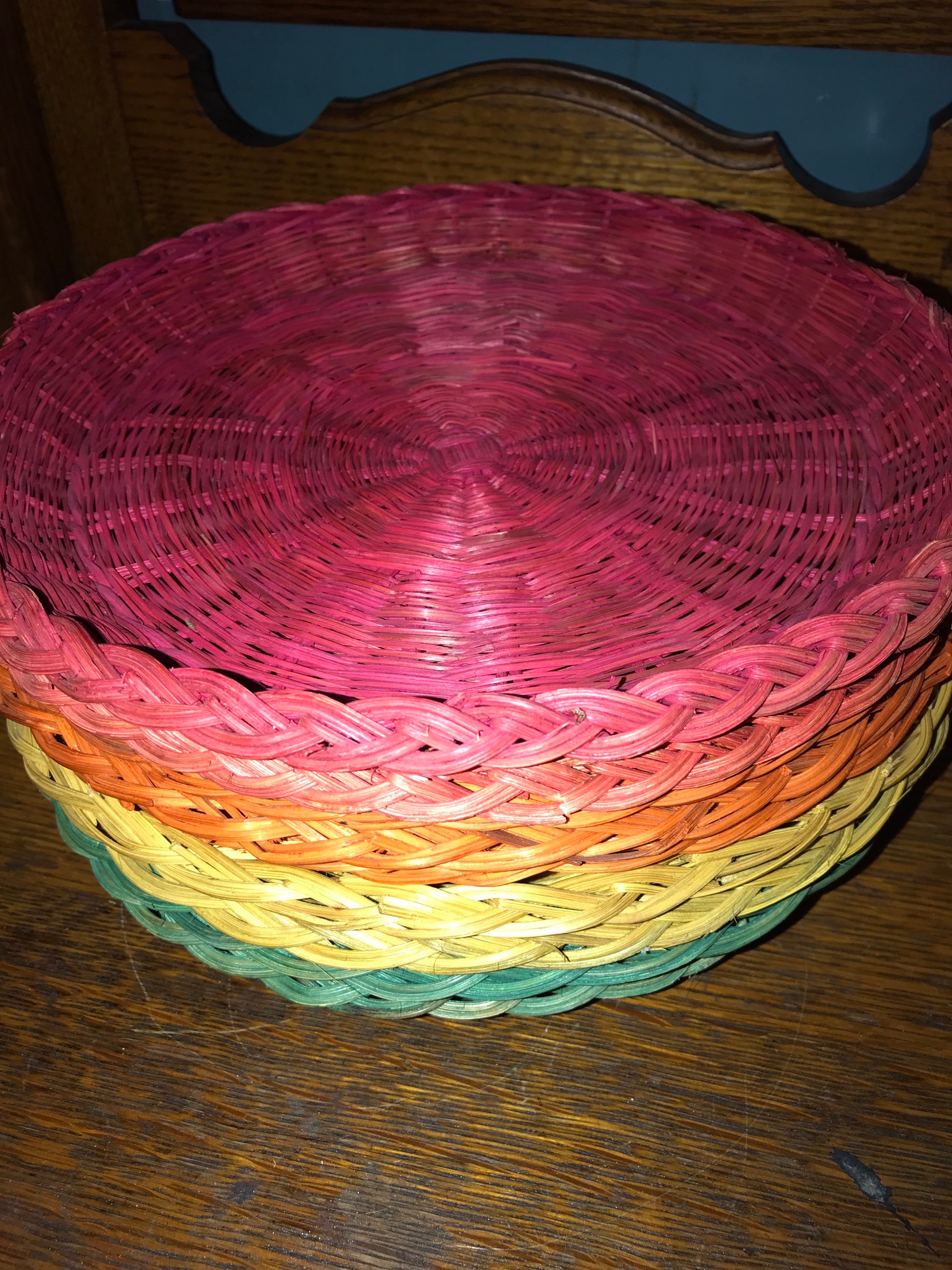 Vintage Wicker Paper Plate Holders. Set of Nine Colorful Rattan Paper