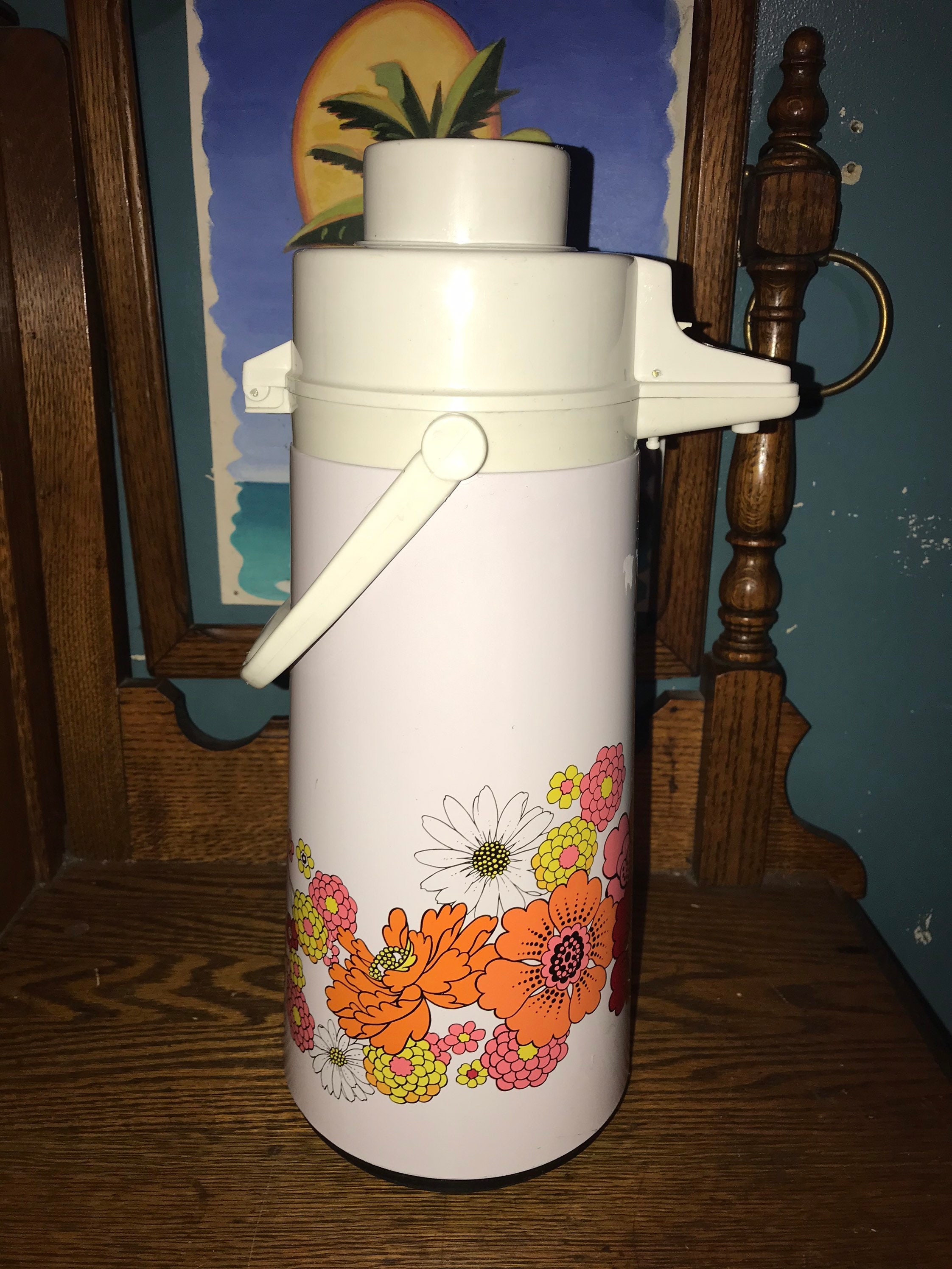 Vintage Floral Airpot Thermos. Retro Pump Thermos. White With Flowers