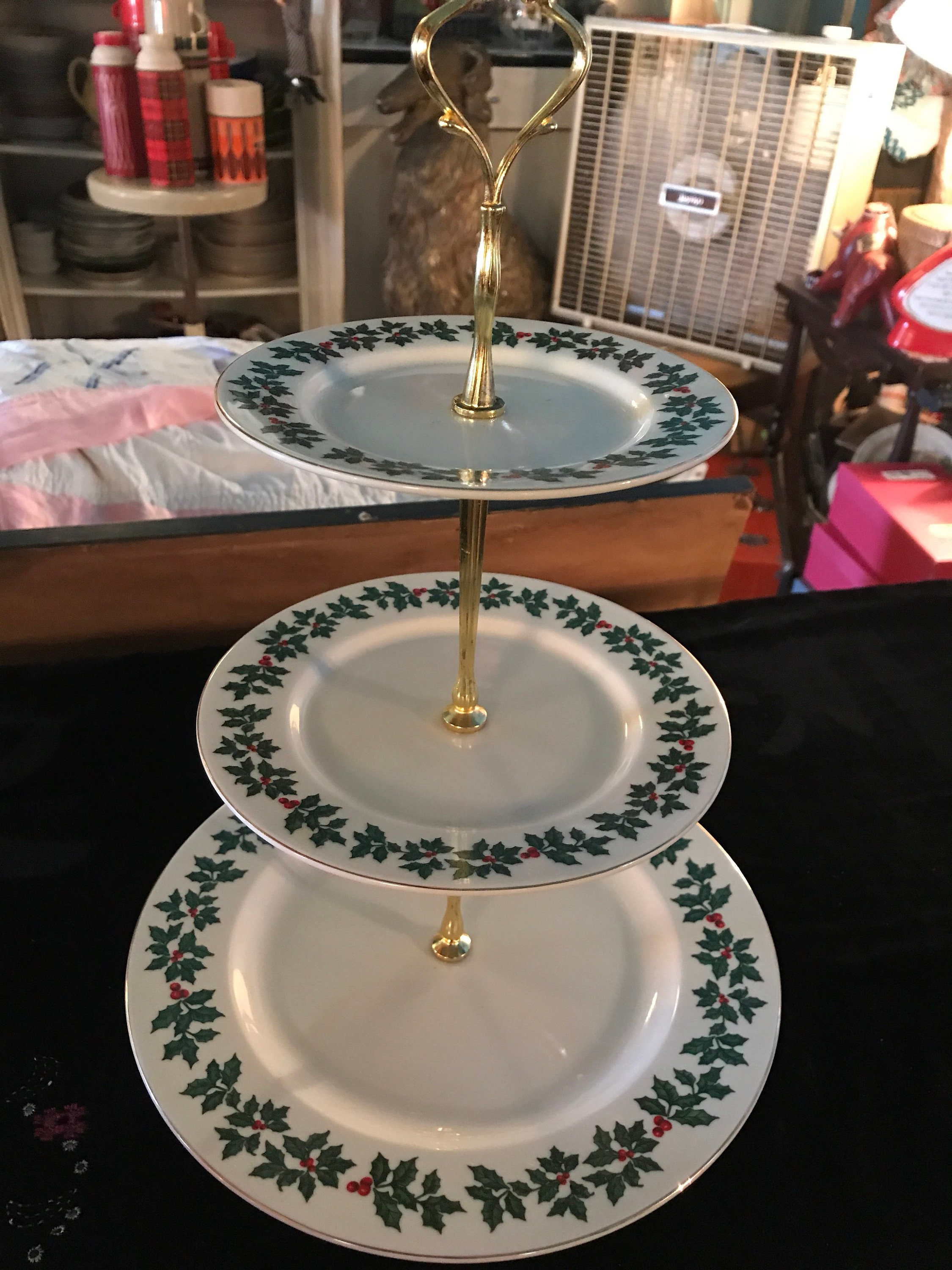 Vintage Holly Three Tier Christmas Serving Tray Dish Tiered
