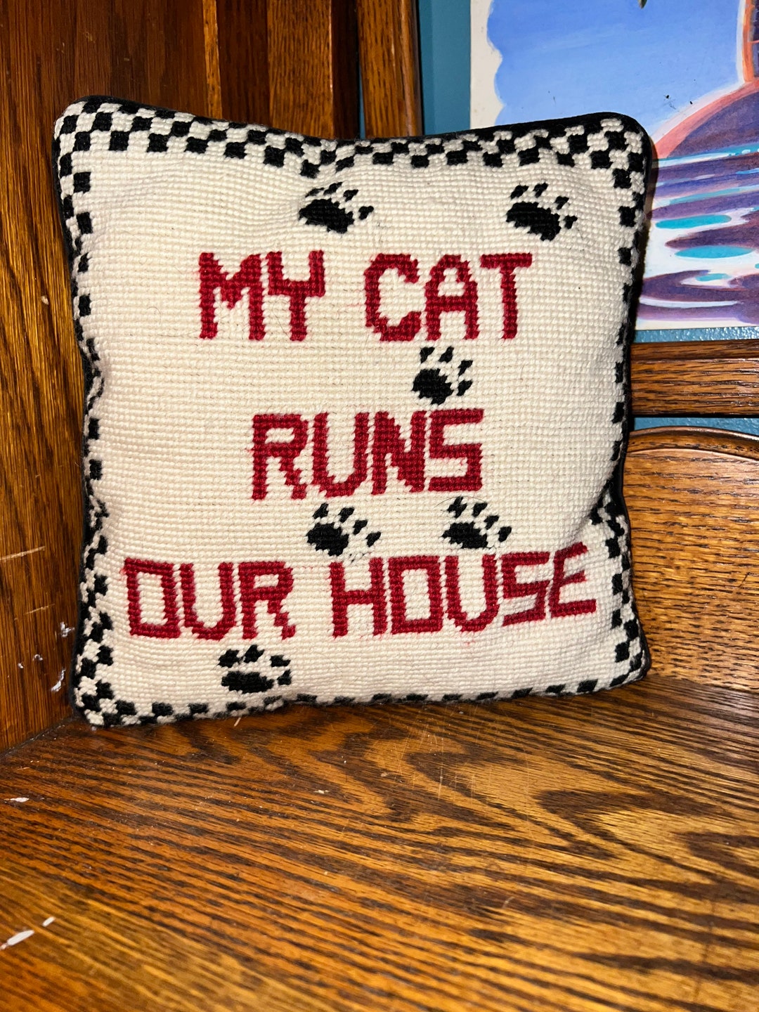Vintage Cat Needlepoint Pillow. My Cat Runs Our House Etsy