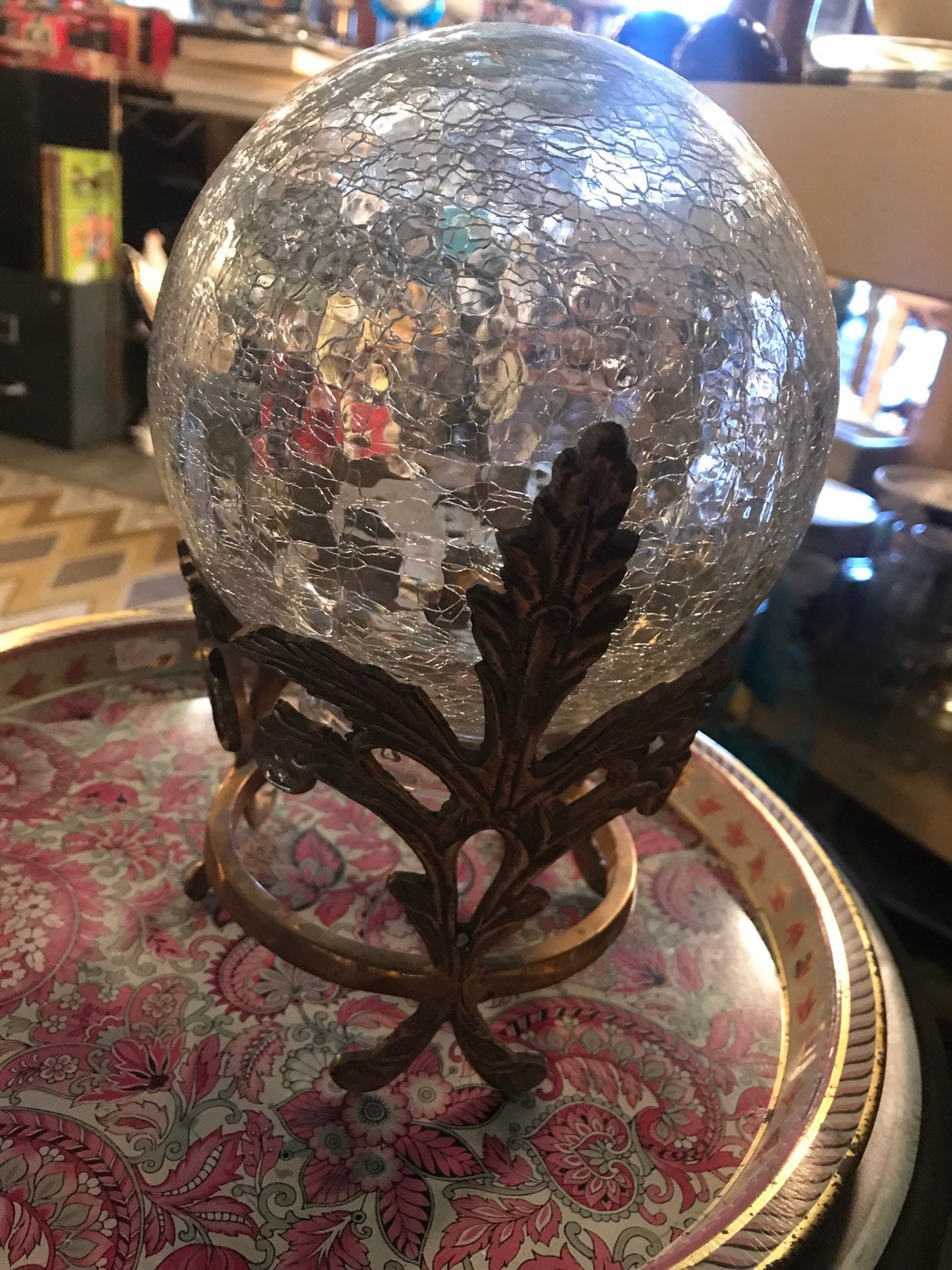 Vintage Brass Ball Holder. Vintage Large Brass Gazing Ball, Crystal