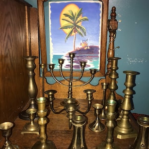 Vintage Lot of 15 Unpolished Rustic Brass Candlesticks Holders, Wedding Decor.