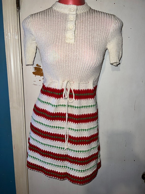 Vintage 1960's Knit Dress. Short Sleeved Stretchy Dress. Off White, Red, and Green Dress, True Vintage, Size XS