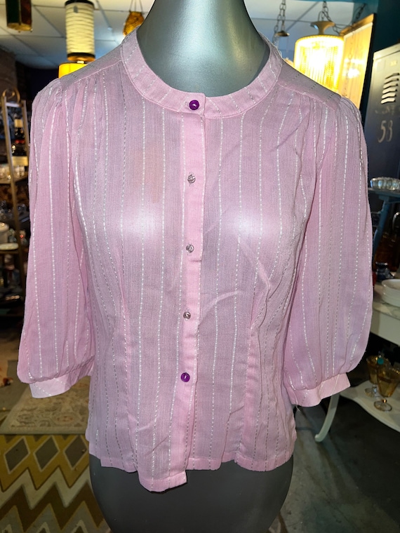Vintage Pink With White Stripes Blouse. 70’s Sheer