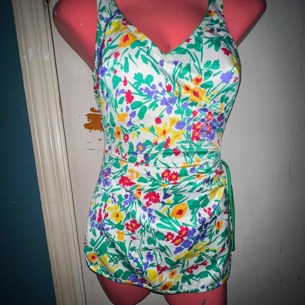 Vintage 1970’s Floral Swimsuit. Vintage Gabar Floral Swimsuit. Bathing Suit. Gorgeous Colors Flower Bathing Suit. Size 12