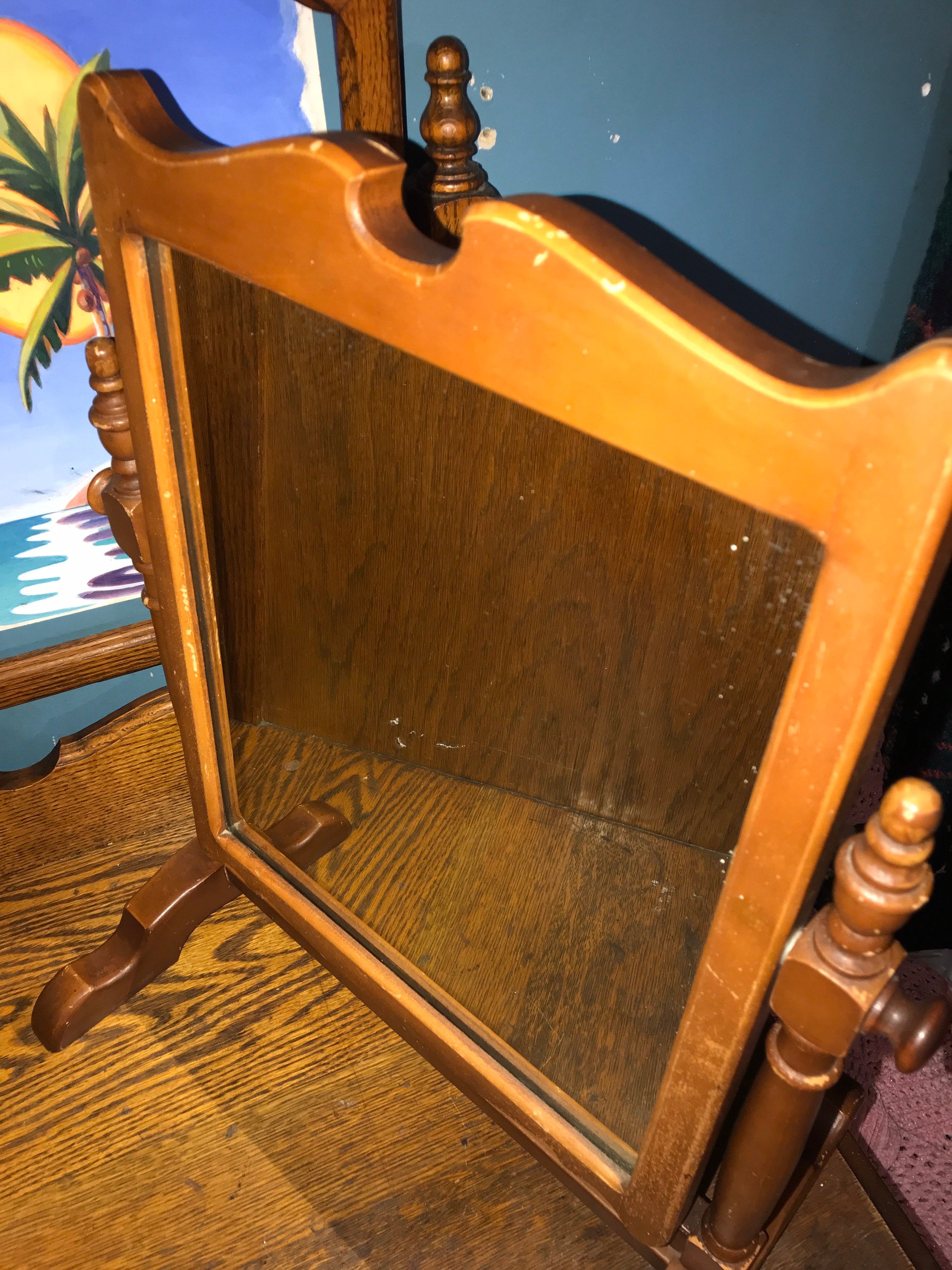 Vintage Wooden Vanity Mirror. Vintage Table Top Mirror. Large Wood Mirror. Stand Alone Swivel