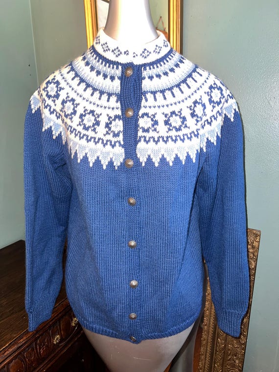 Vintage 1960’s Norway Blue Wool Sweater, Lulle Otterstad of Oslo, Size Medium