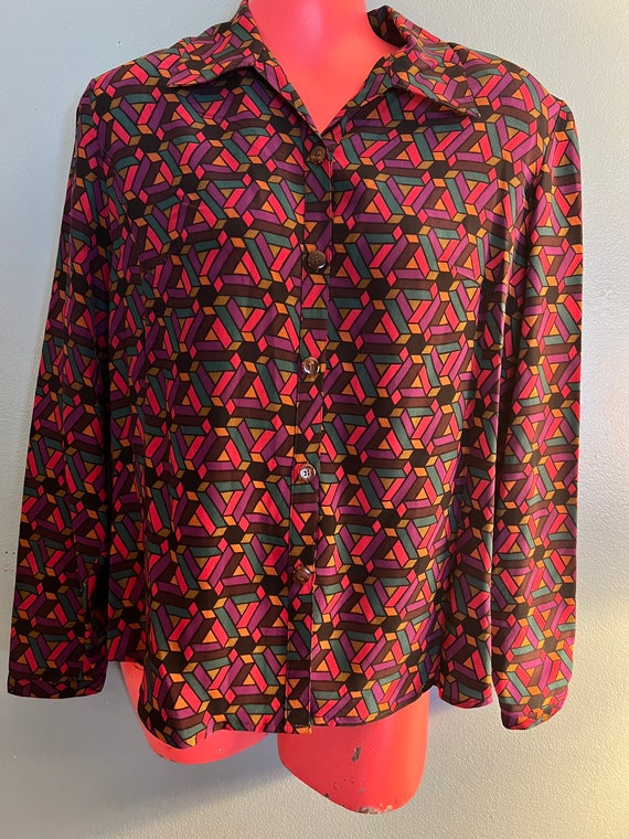 Vintage Colorful Silk Shirt. Geometric Silk Shirt.