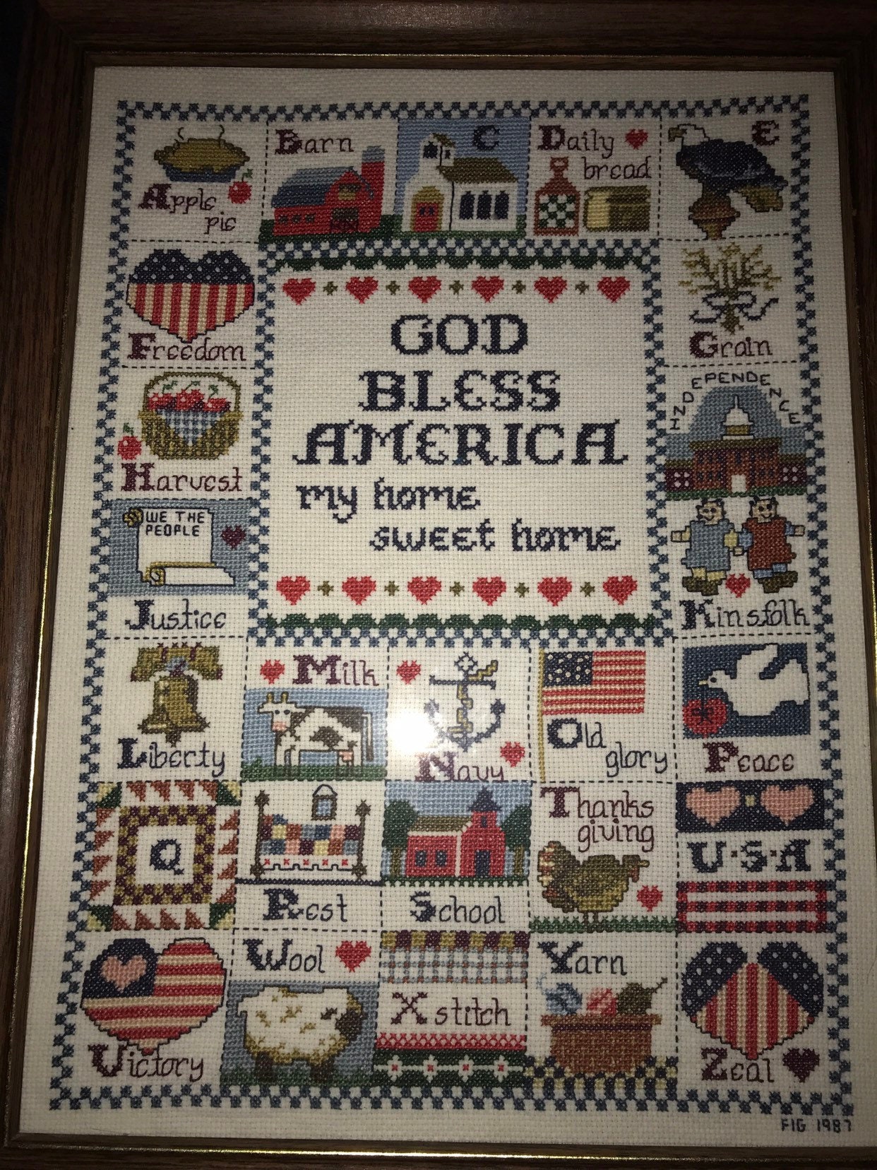 Vintage Framed America Needlepoint. Needlepoint God Bless America