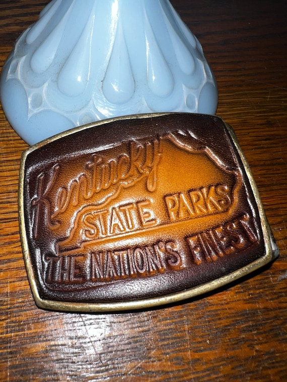 Vintage Kentucky State Parks Belt Buckle. Kentucky State Parks Leather Belt Buckle. Embossed Leather, Kentucky State Parks